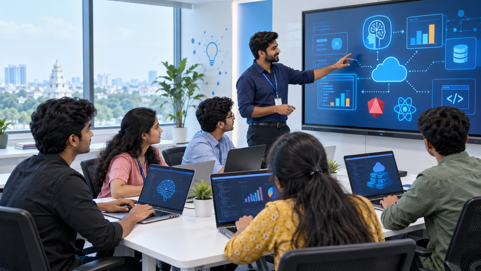 Students and freshers learning Azure AI Power BI cloud development Angular and React in an IT training center